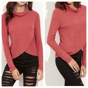 Red Cowl Neck Crossover Ribbed Top